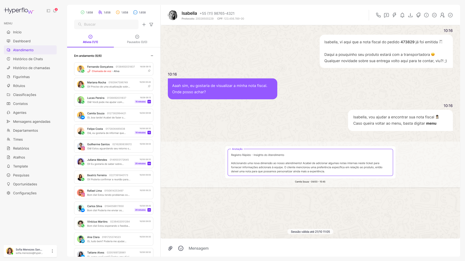 Tela de atendimentos da Hyperflow, com as conversas do time em um painel