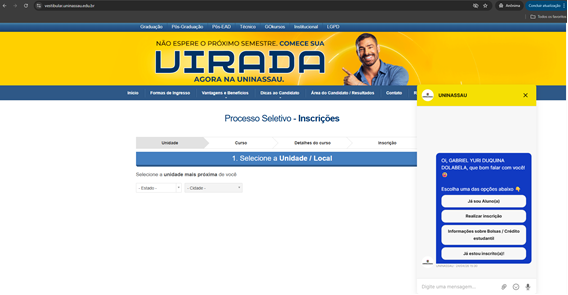 Chat da Sofia integrado ao site da UNINASSAU